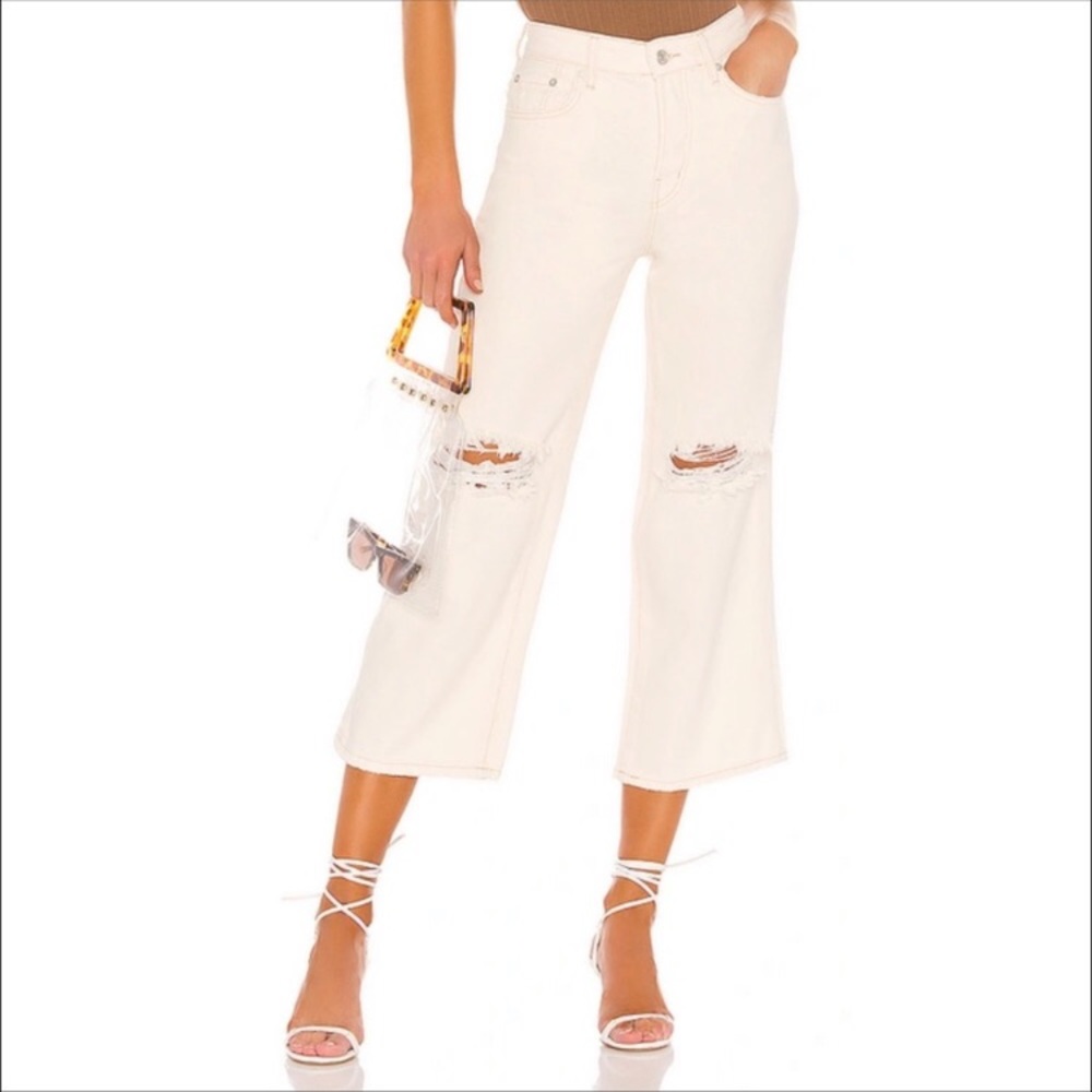 Free people Cream Wide Leg Ripped Jeans